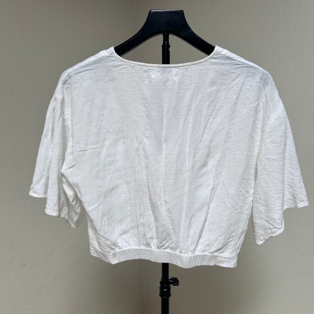 Twist Front Crop Top White Linen Look Romantic Coastal Boho Flutter Sleeve S - Picture 2 of 10